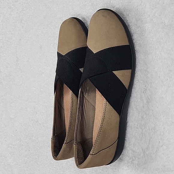 Clarks Shoes - Clarks Medora Suede Jem Cross Strap Tan And Black Slip On Loafer